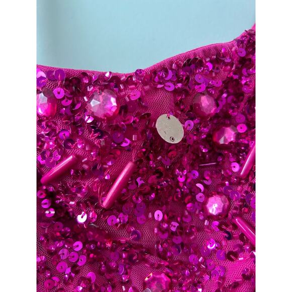 Mac Duggal Hot Pink Beaded Sequined Puff Sleeve One Shoulder Gown Dress Size 10 - Picture 11 of 16